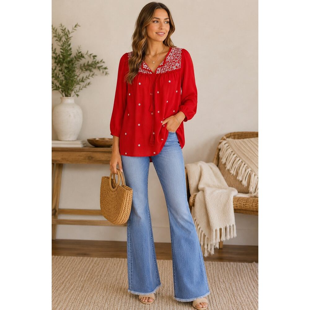 Umgee Red White Embroidered Peasant Blouse Small Tassel Coastal Cowgirl Boho Top